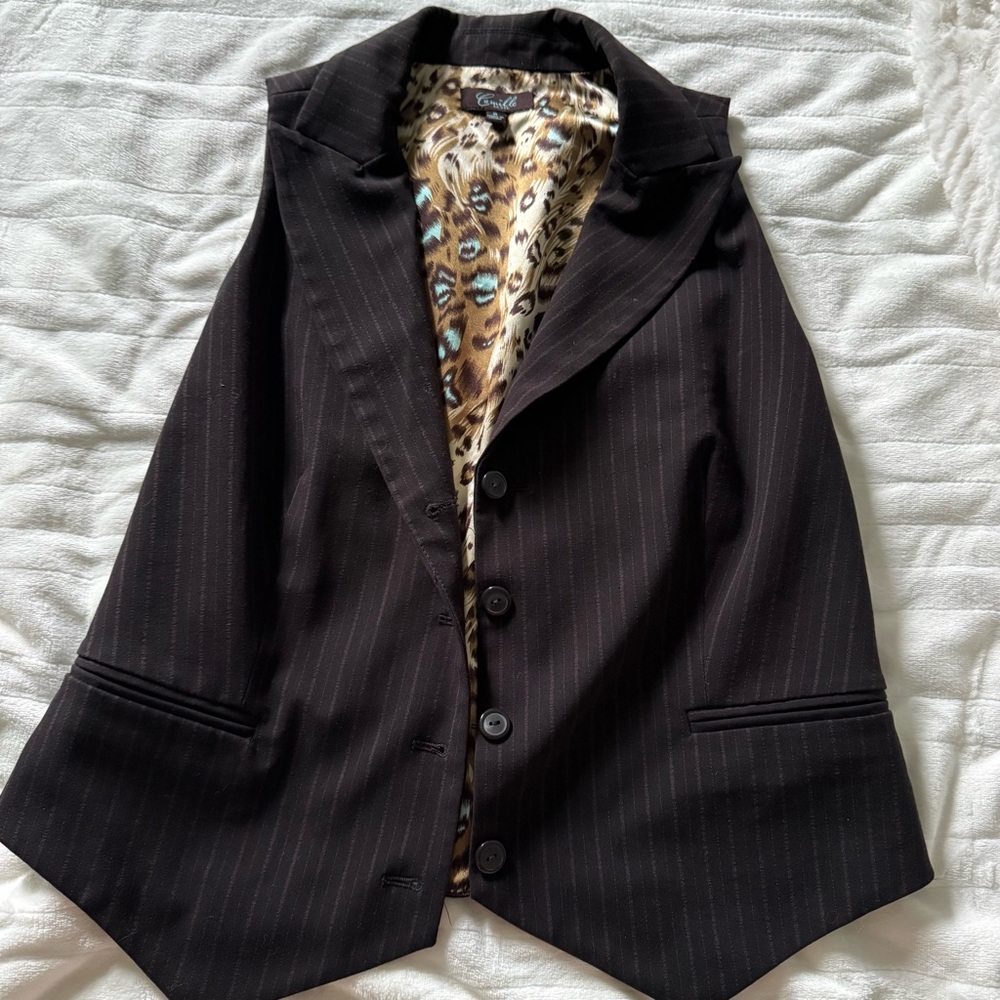 Dark Pinstripe Blazer with Leopard-Print Satin Lining and Teal Accents